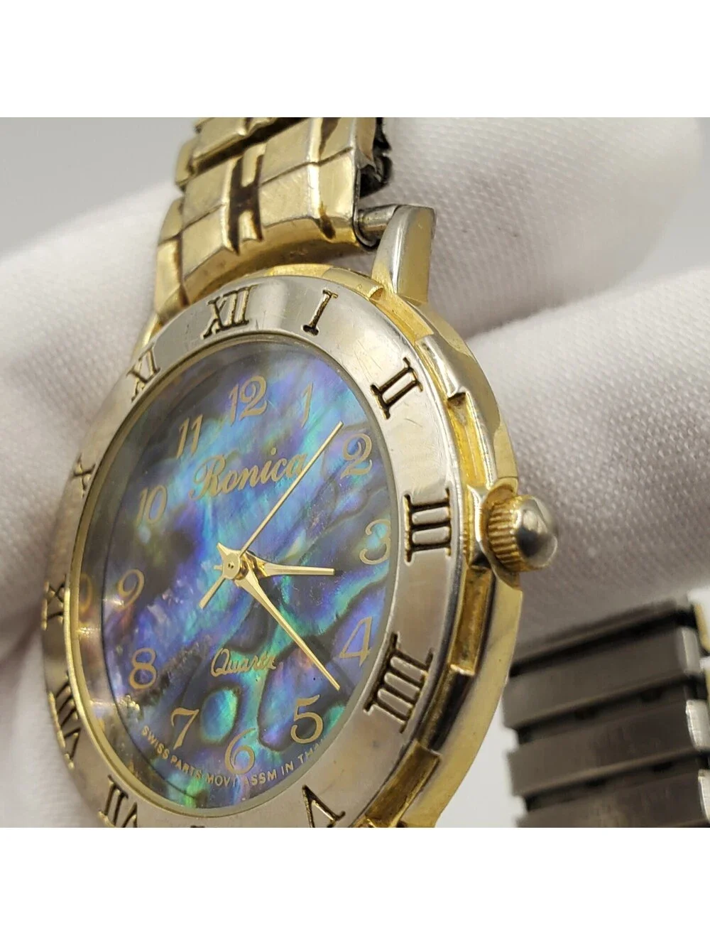 Ronica Watch Women 33mm Abalone MOP Dial Gold Tone Stretch Band New Battery